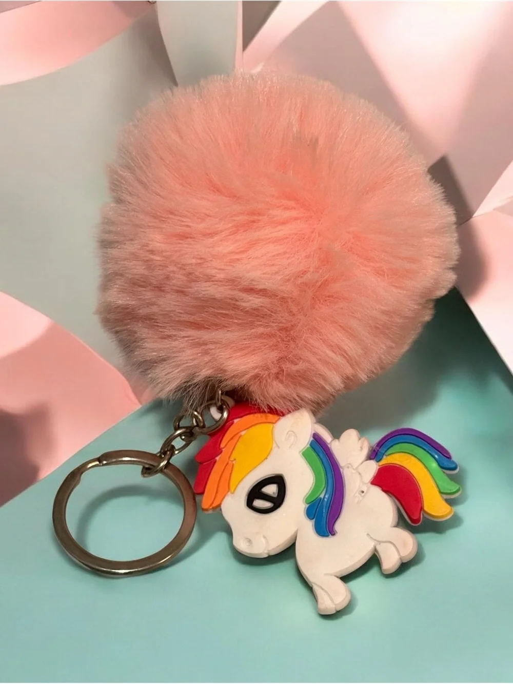 Cute Pink Pom-Pom Unicorn Keychain, Silicone Charm Rainbow Bag Charm Accessory